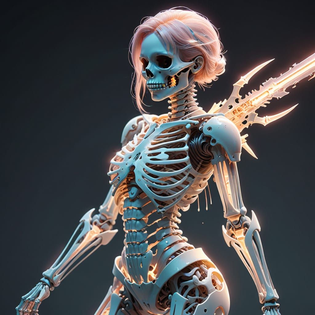 Cyberpunk Girl Skeleton in Fighting Stance with Glowing Aura