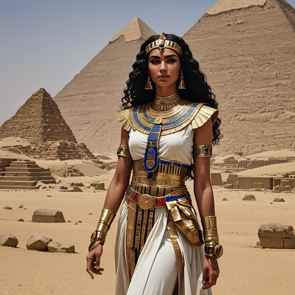 Cleopatra with Pyramids in Windy Desert Scene