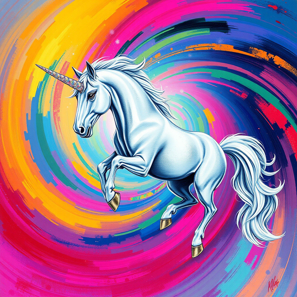 Unicorn Glides Through Rainbow Vortex in Abstract Style