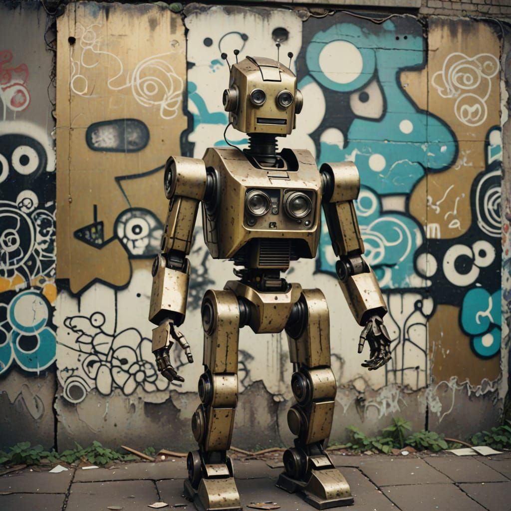 Brass Robot Woman in 70s Polaroid Style