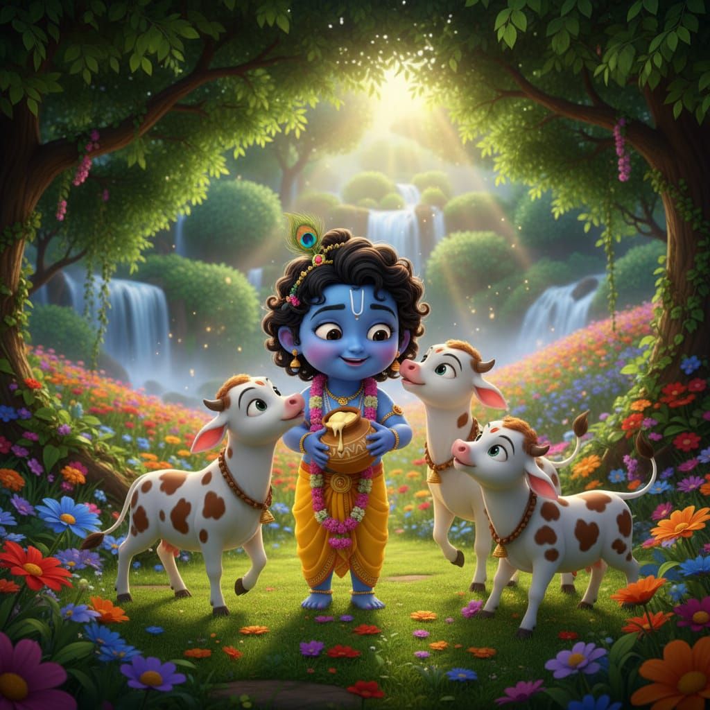 Little Krishna with Calves in Lush Nature, CGI Animated Styl...