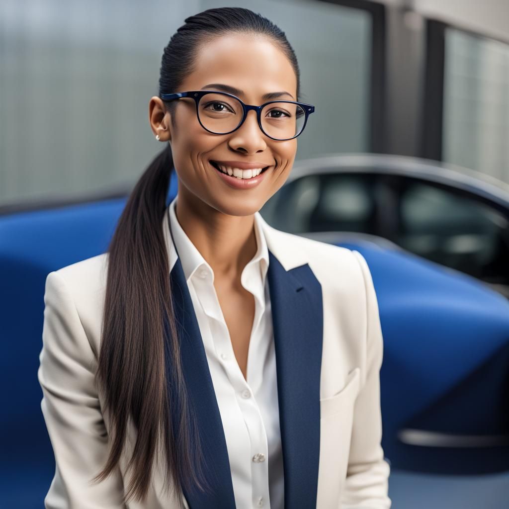 Smiling Woman with Blue Ponytail and Glasses