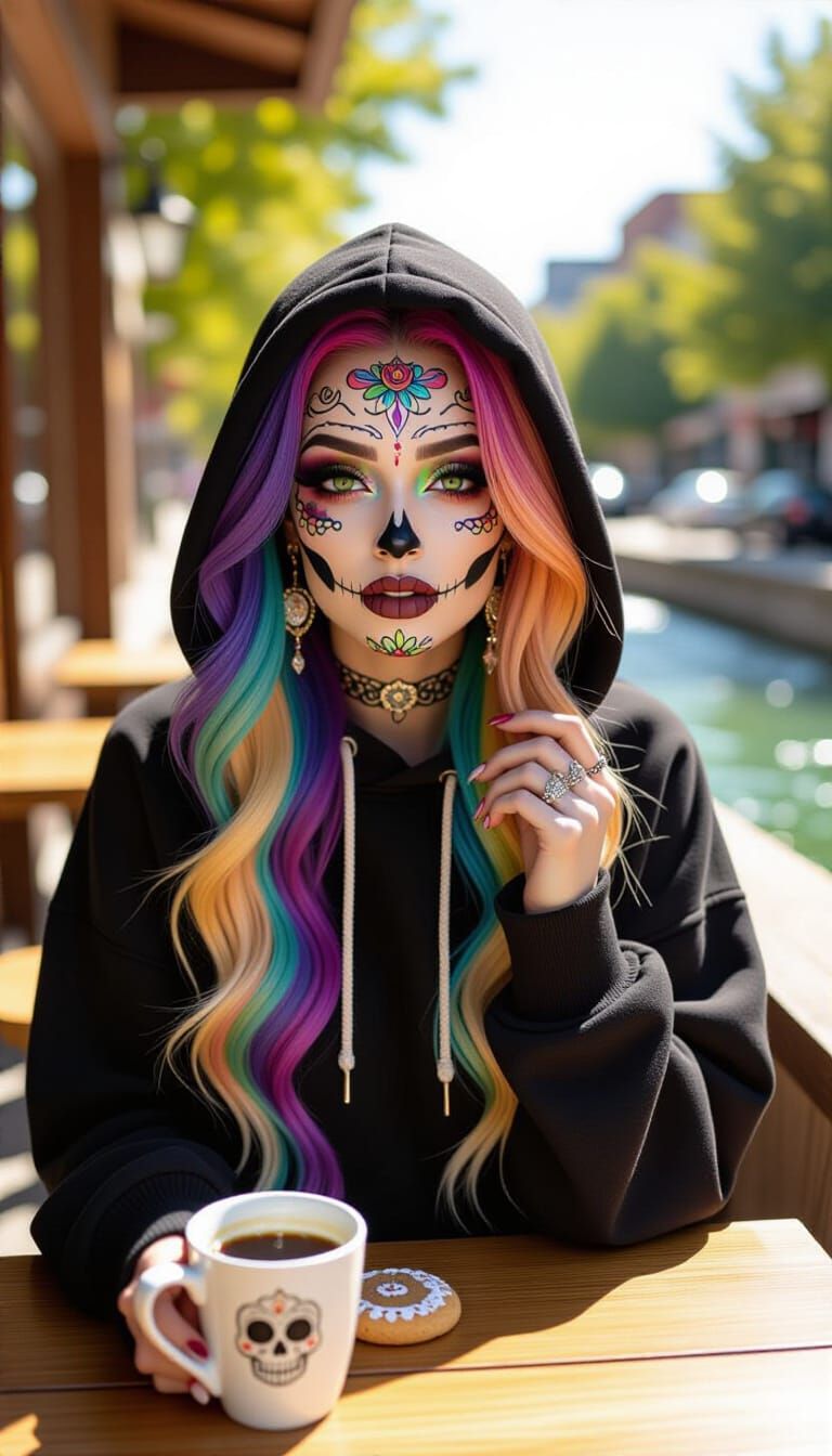 Rainbow Haired Vampire Woman in Sunlit Cafe