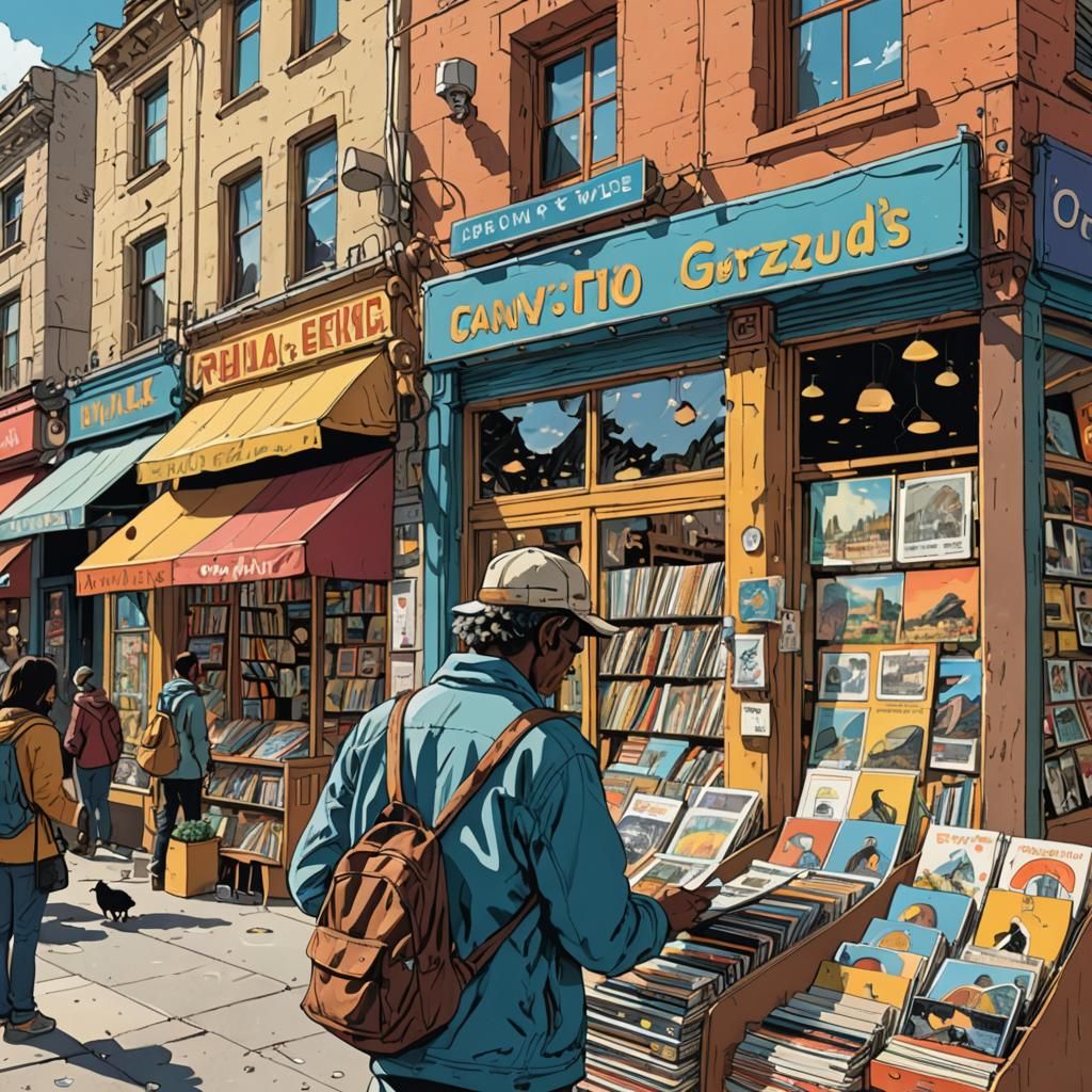 Vintage Cityscape Illustration with Music Lover in Warm Afte...