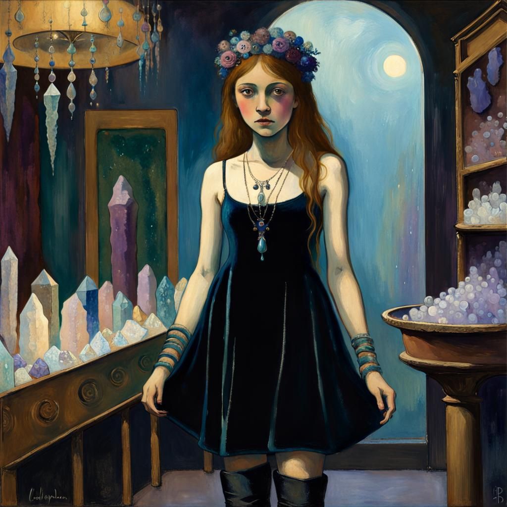Bohemian Goth Girl in Crystal Shop, Symbolist Painting