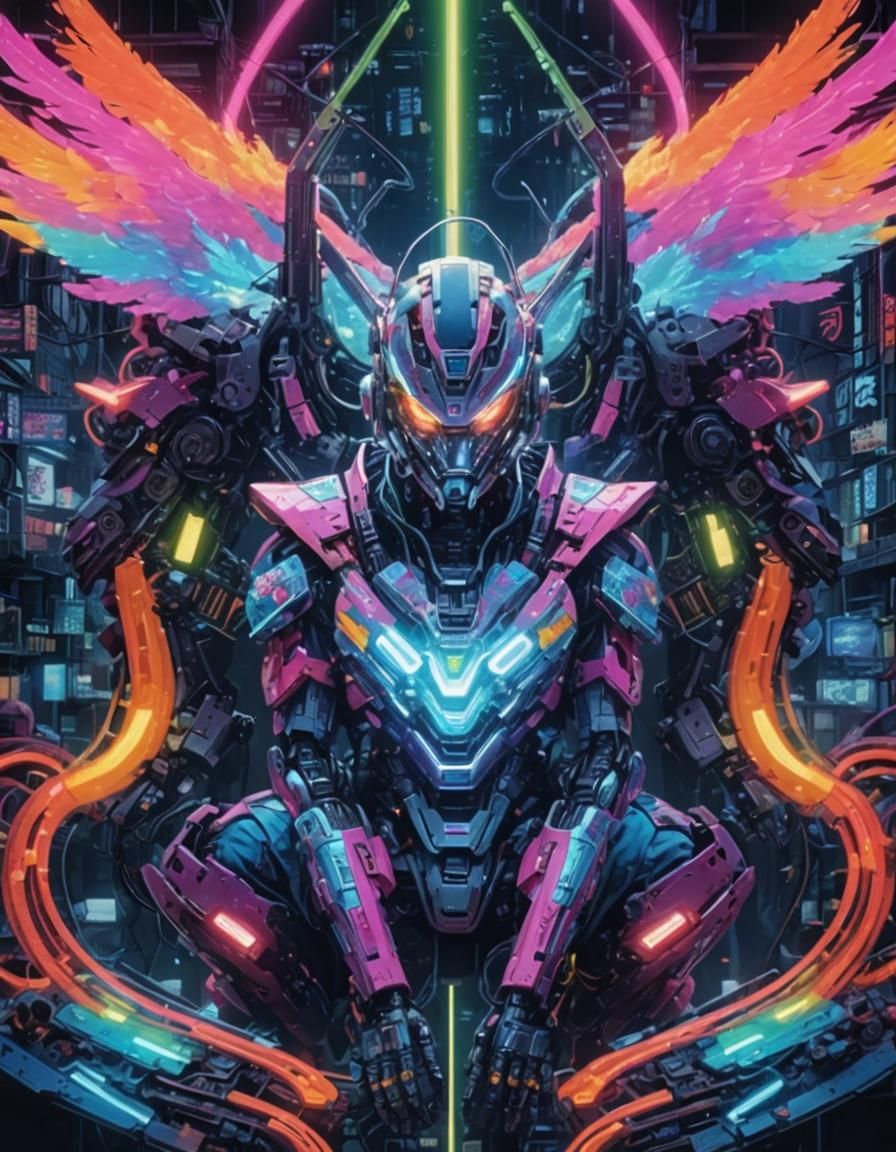 Masked Robot Magical Boy in Cyberpunk Anime Style