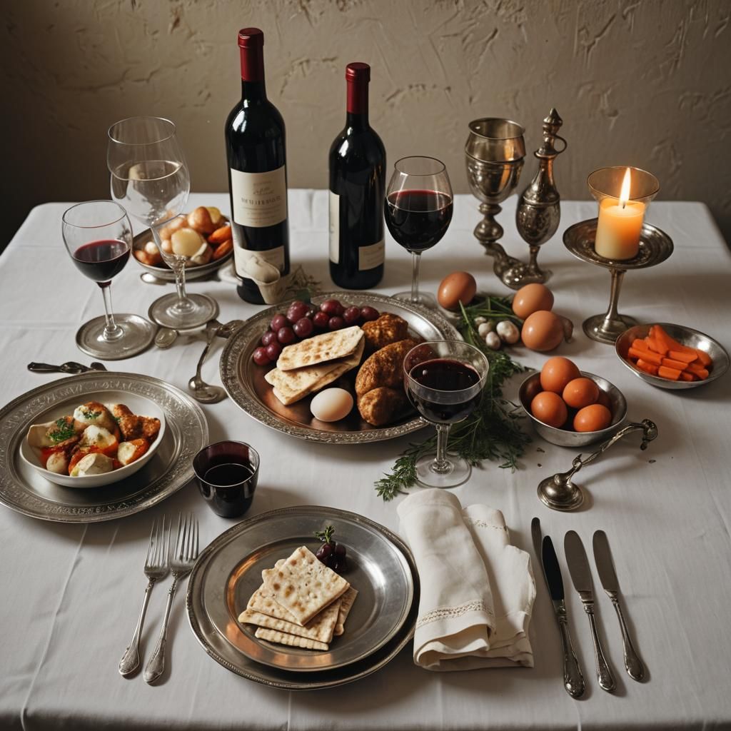 Passover Seder Still Life with Matzo and Wine