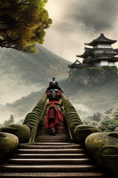 Samurai's Ascent to Mountain Castle: Surreal Photorealism
