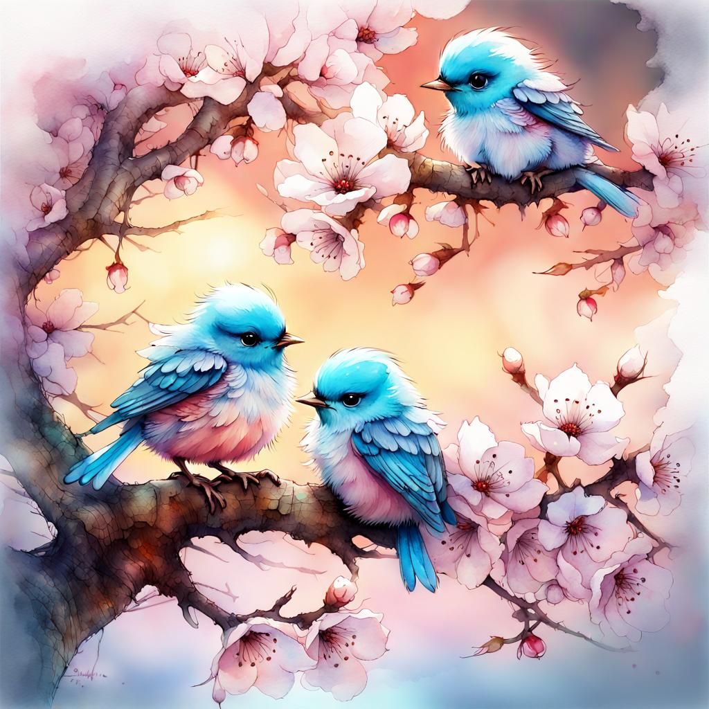 Chibi Blue Birds in Cherry Blossom: Watercolor Art