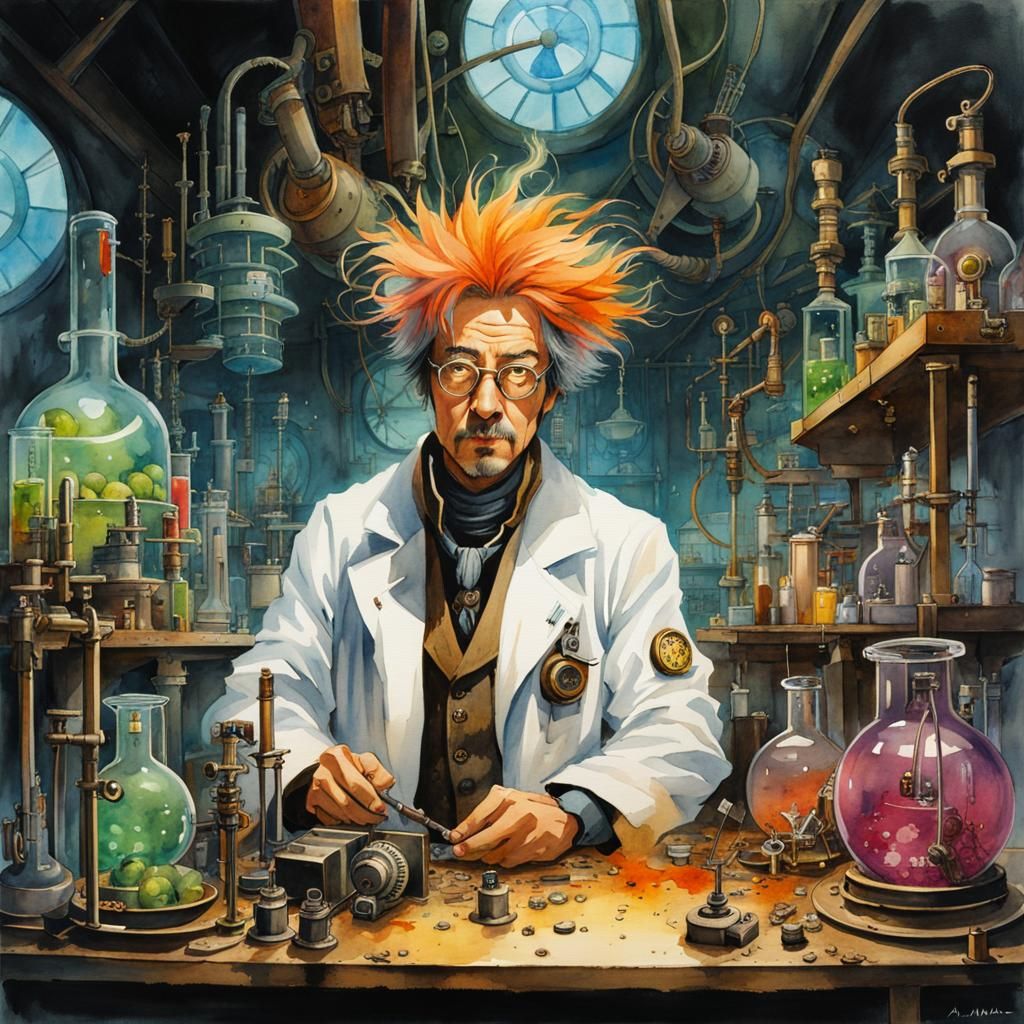 Mad Scientist in Steampunk Lab, Watercolor Portrait