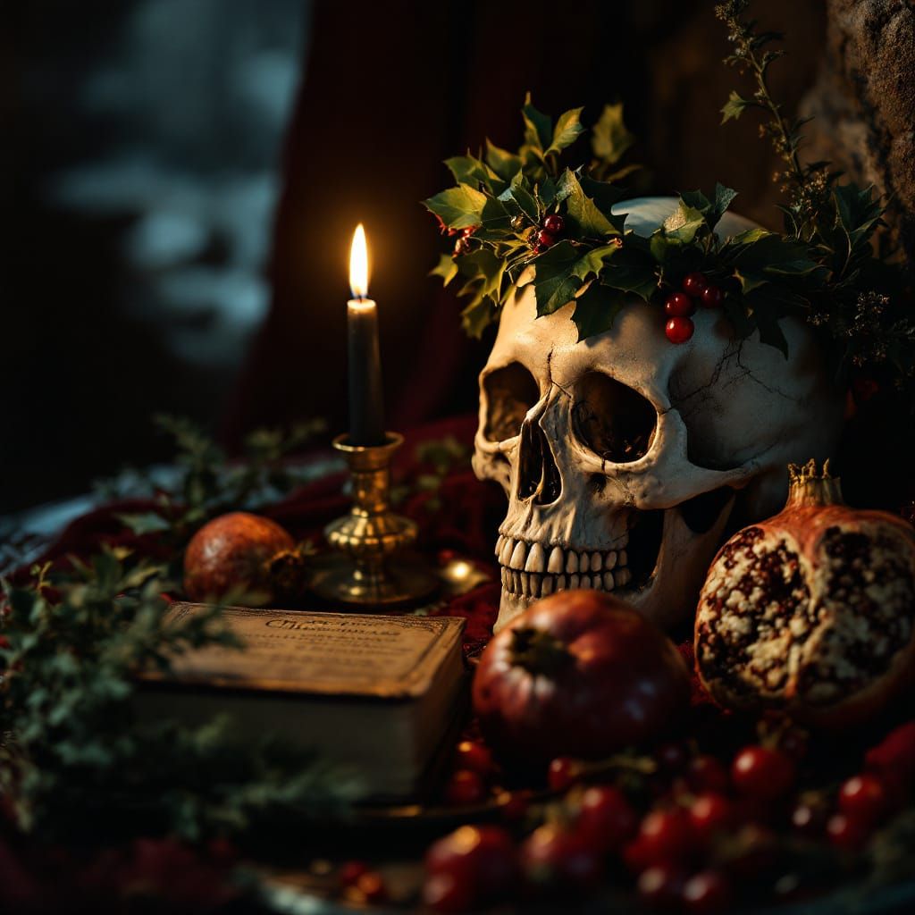 Gothic Christmas Still Life with Skull and Candle