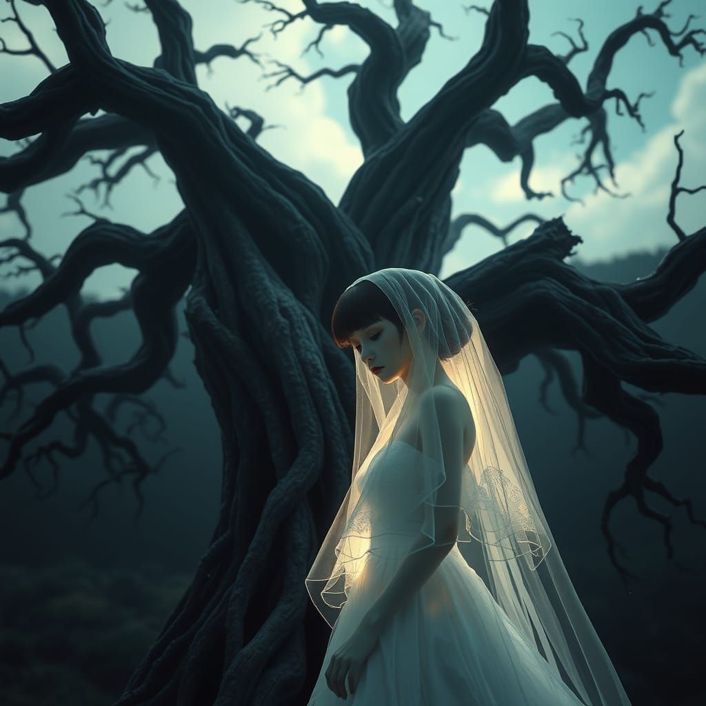 Ethereal Anime Bride Surrounded by Twisted Tree