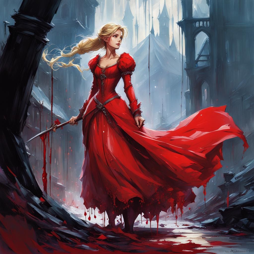 Rapunzel in Red Dress, Dark Fantasy Art
