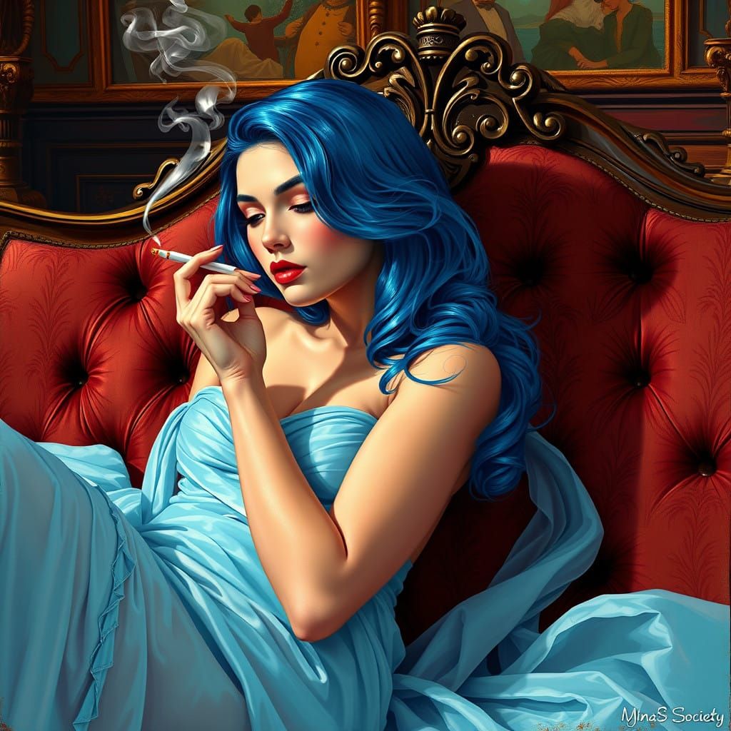 Sultry Woman in Blue Gown, Victorian Lounge, Art Nouveau Sty...