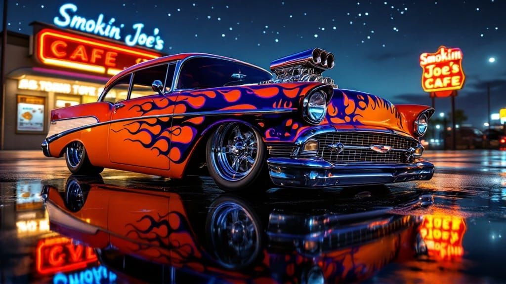 a realistic very closeup rear angled photo of an orange 1957 Chevy Bel-Air street rod, with black, purple, and blue flam...