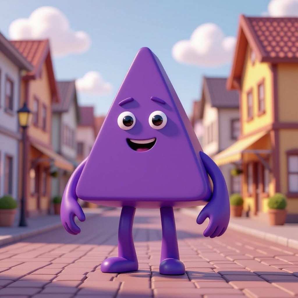 Purple Triangle Man in Small Town Square
