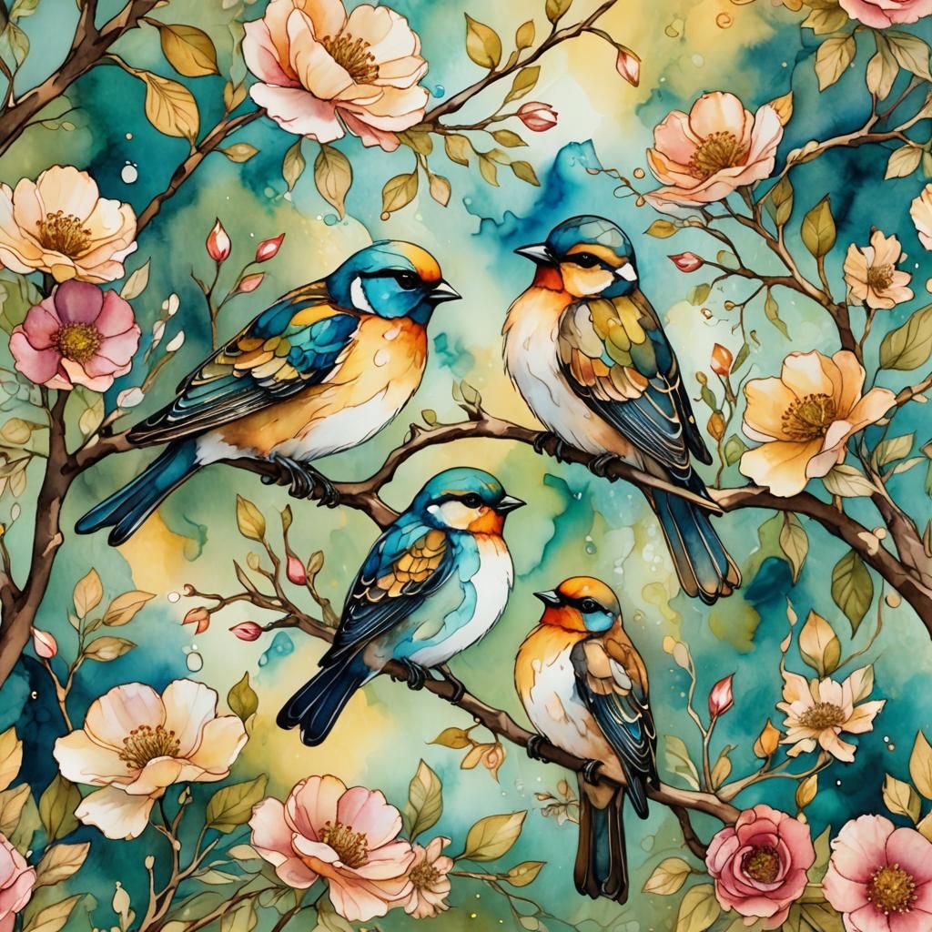 Birds in Sunny Garden: Watercolor Alcohol Ink Art