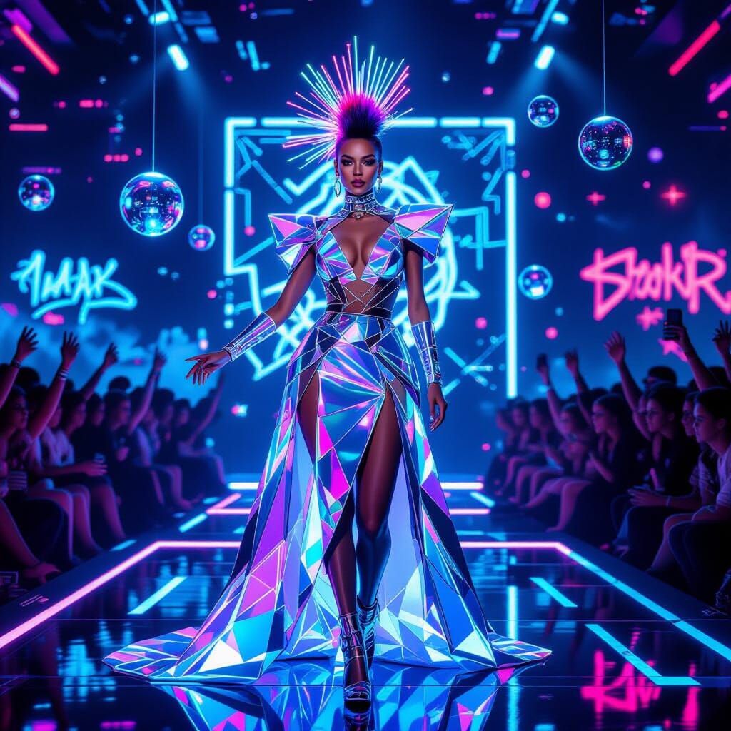 Futuristic Pop Star on Neon Stage in Cyberpunk Style