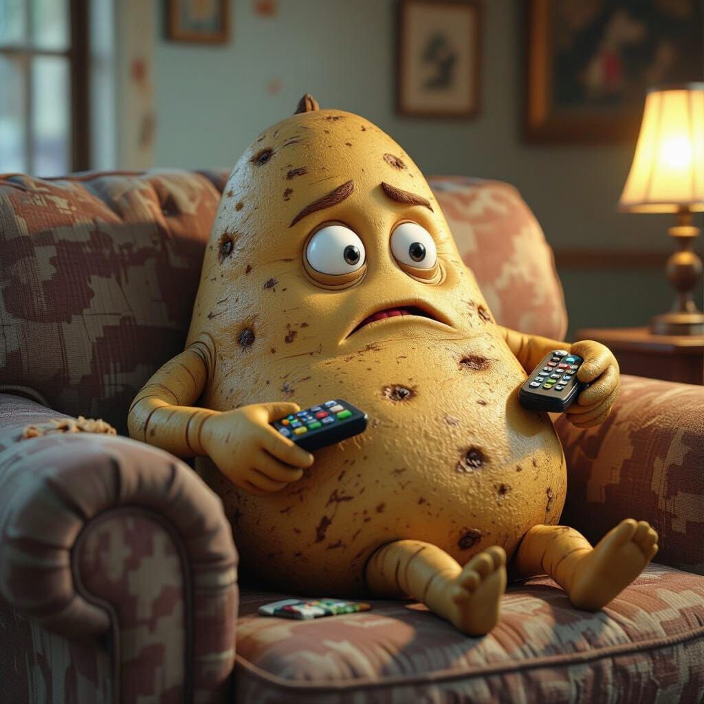 Sentient Potato Relaxing on Couch with Remote