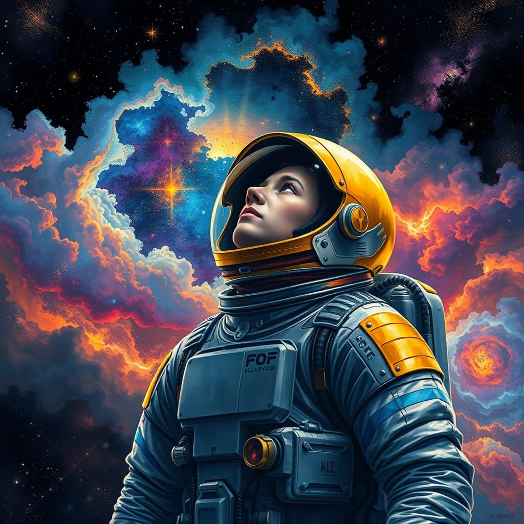 Astronaut Gazing at Starry Cosmos in Holographic Style