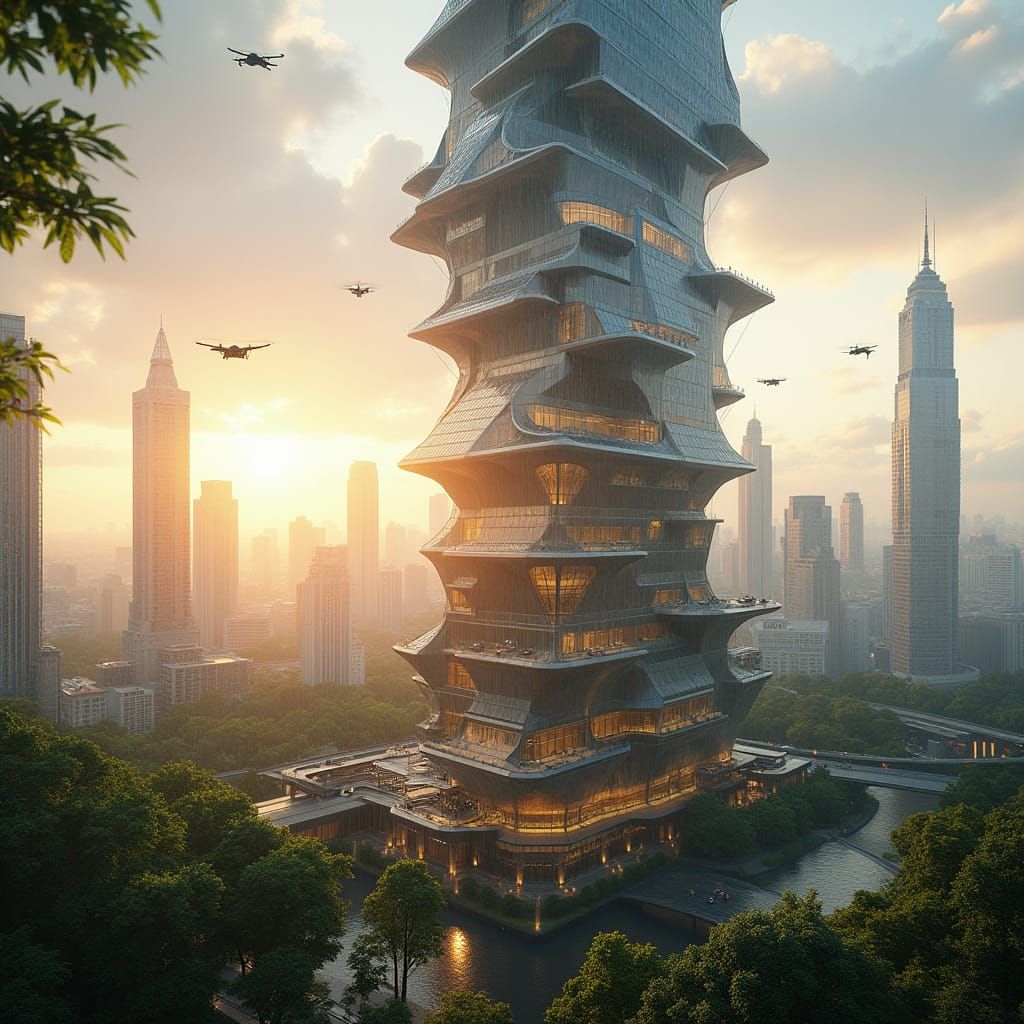 Futuristic Skyscraper in Vibrant Rainy Cityscape