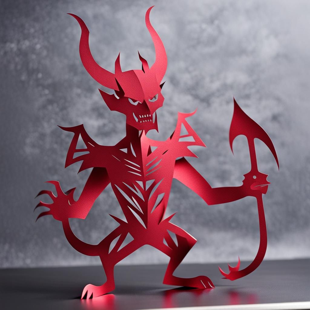 A Kirigami devil cut from shiny metallic crimson paper on a ...