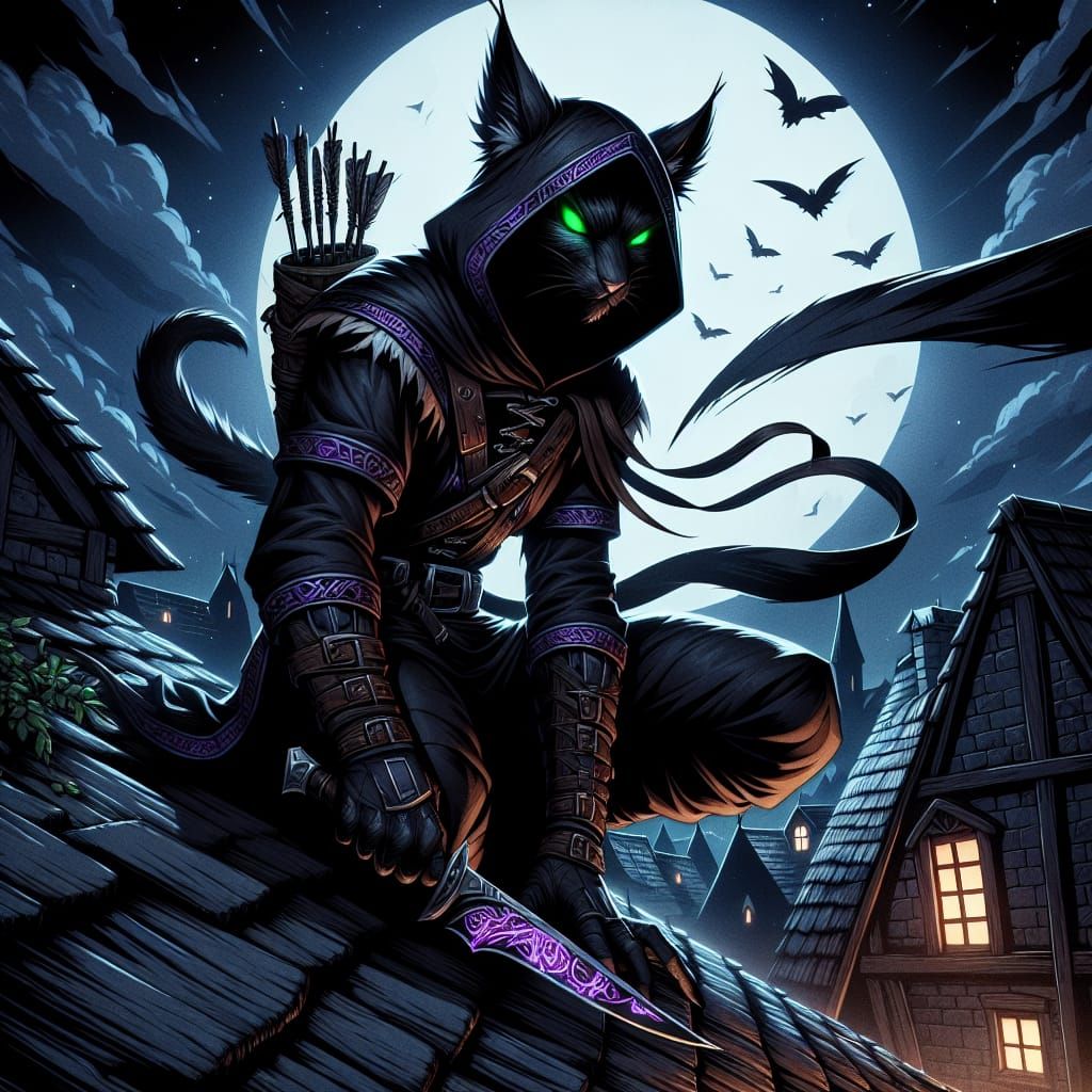 Cat Assassin Crouching on Rooftop in Dark Fantasy