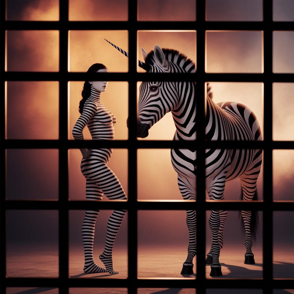 Surreal Dreamcatcher Woman and Zebra Unicorn Merge in Optica...