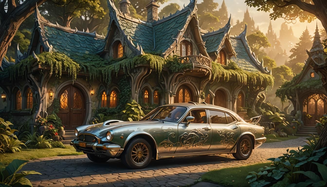 Elven Car and Cottage in High Fantasy Digital Art