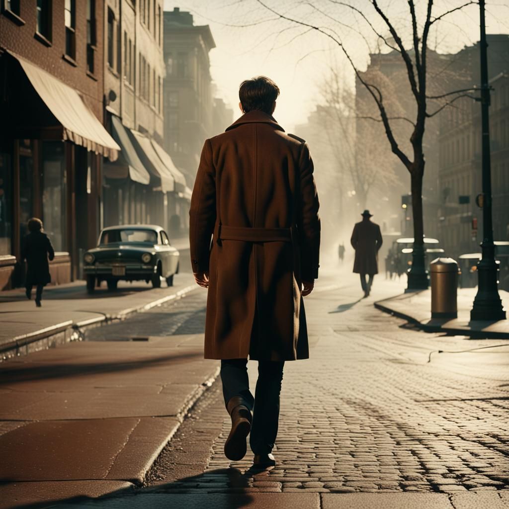A Man in Brown Coat Walks Down City Sidewalk in Moody Cinema...