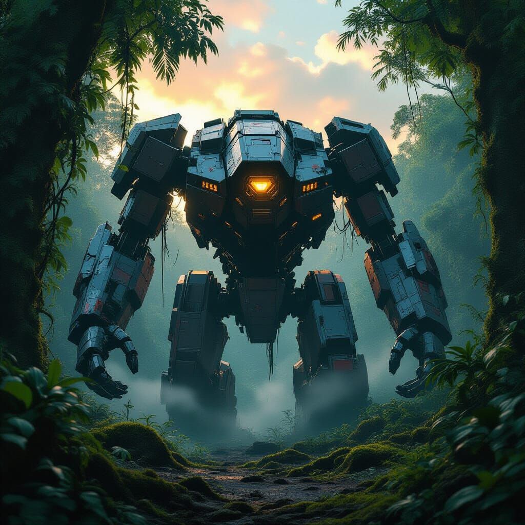 Colossal Jaeger Wreckage in Dense Jungle at Dusk