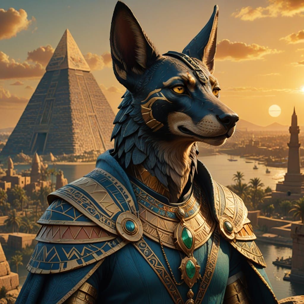 Egyptian God Anubis Standing atop a Golden Pyramid