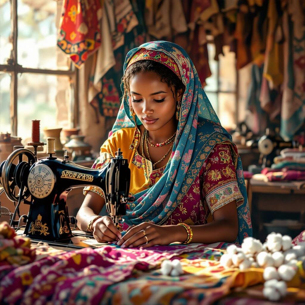 Ethiopian Woman Sewing in Sunlit Atelier: Matte Painting