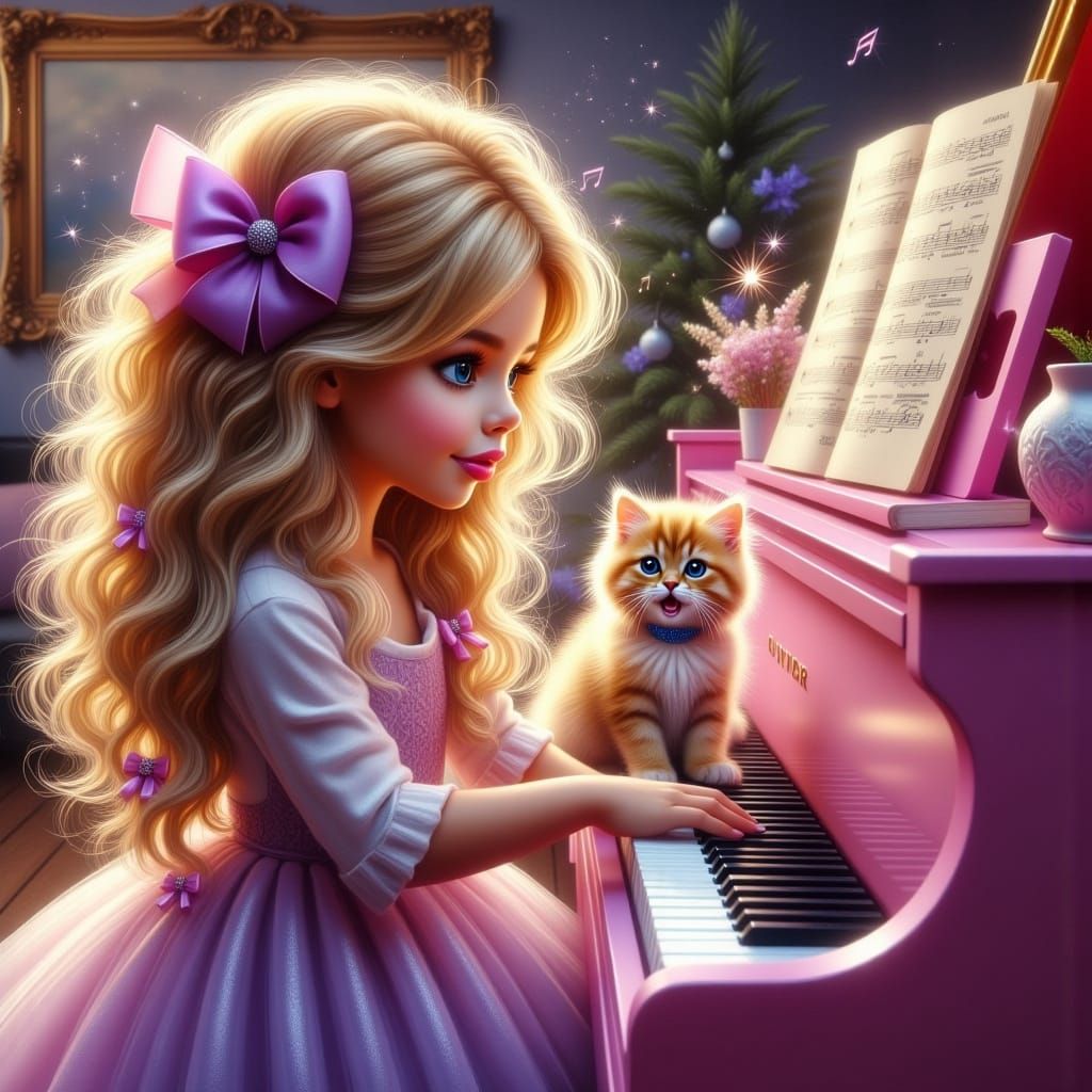 Toddler Girl and Kitten Sing at Pink Piano