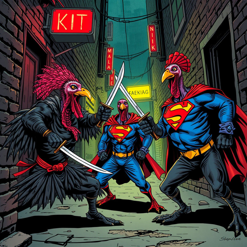 Ninja Turkeys vs. Superman Turkey in Comic Book Style