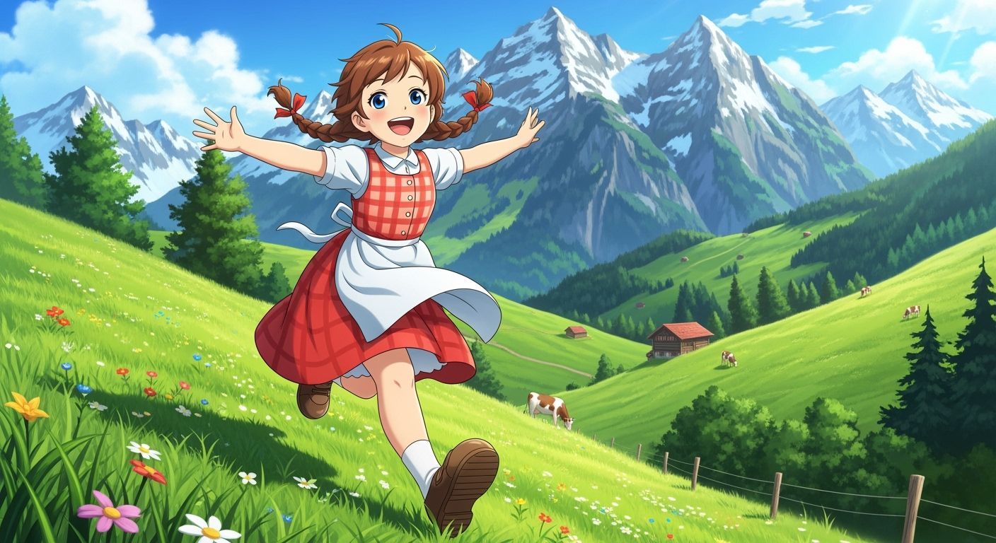 Heidi Running Joyfully Through Swiss Alps in Anime Style