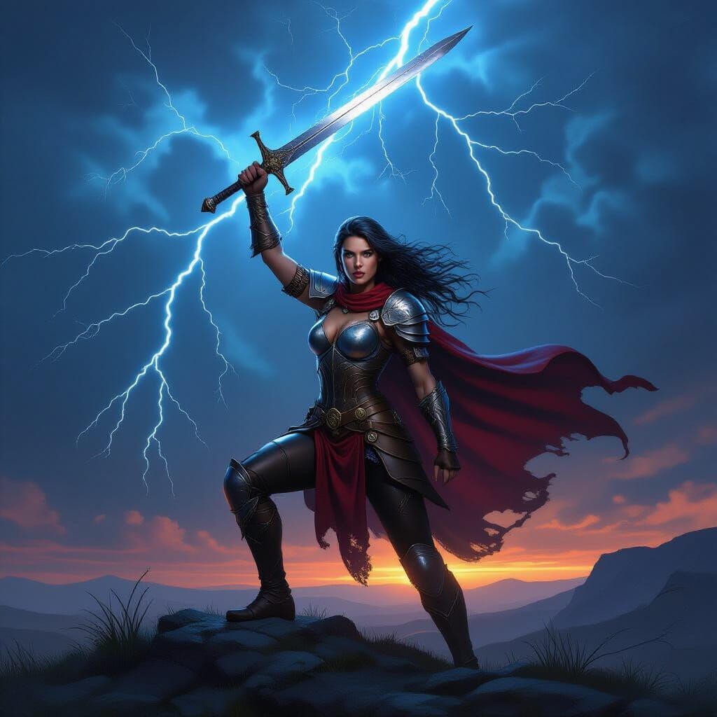 Female Warrior with Sword Hit by Lightning