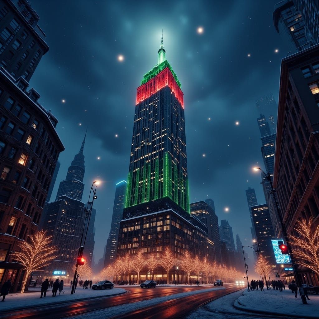 Empire State Building Christmas Lights in Matte Painting Sty...