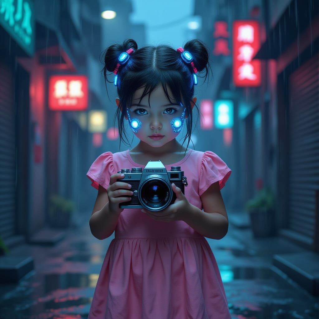 Cybernetic Girl with Camera Lens in Alleyway