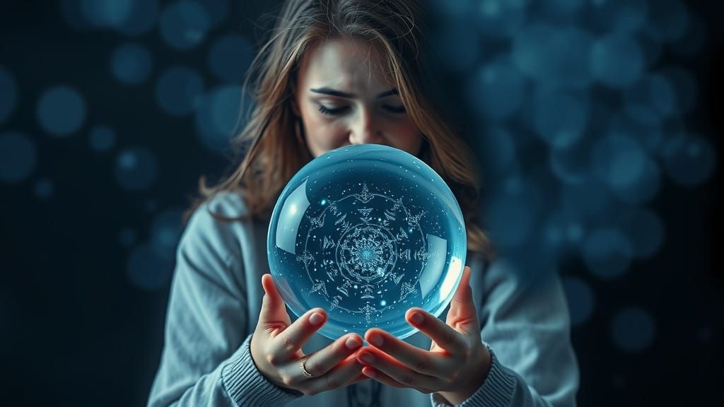 large orb with double exposure of gyspy woman reading fortunes with crystal ball across entire image.