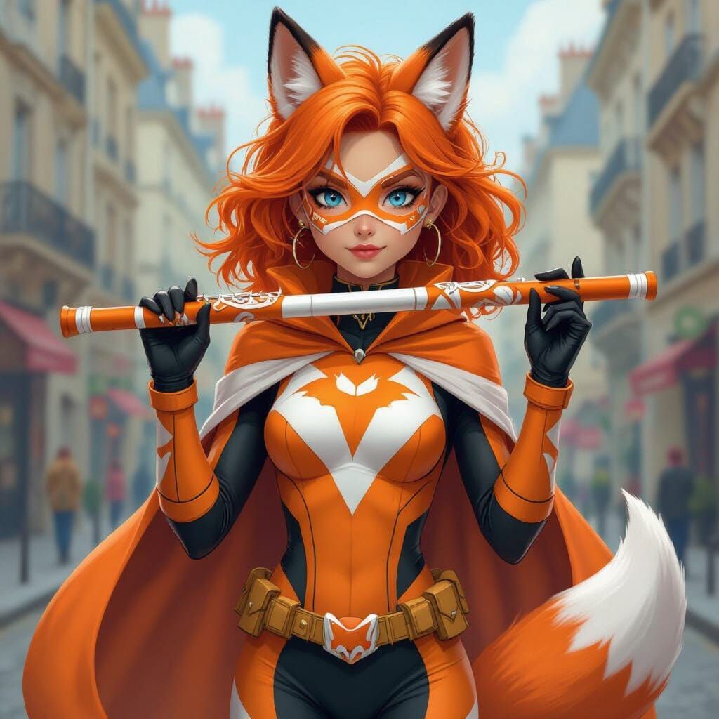 Parisian Fox Superheroine with Orange Hair and Blue Eyes