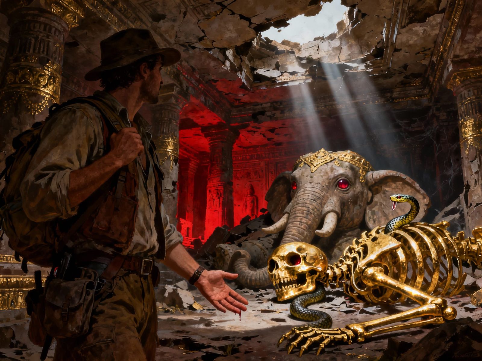 Golden Skeleton & Cobra in Ancient Temple Ruins