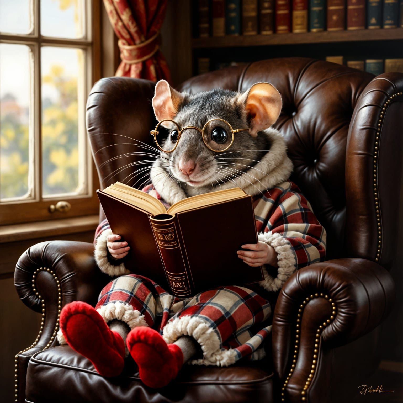 Cozy Rat Reading in Leather Chair, Norman Rockwell Style