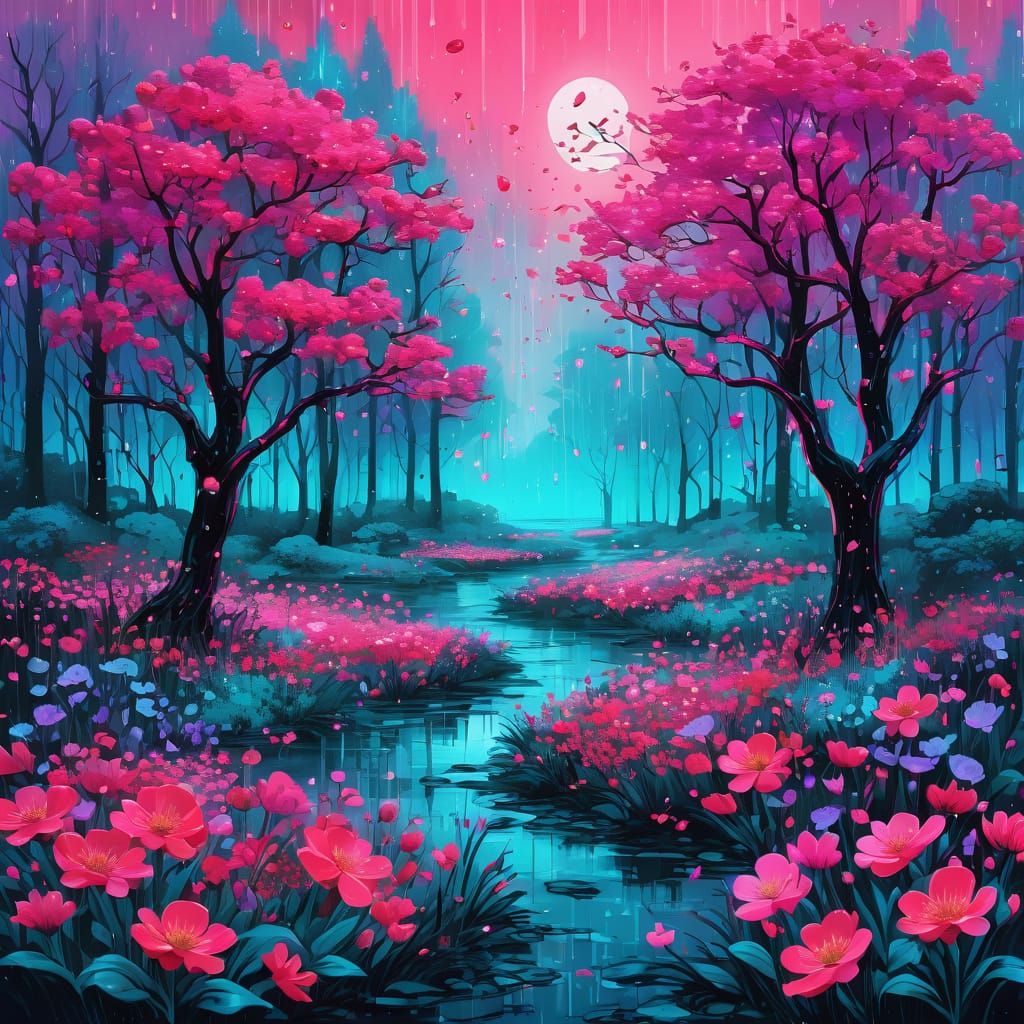 Vibrant Fantasy Forest Blooms in the Night