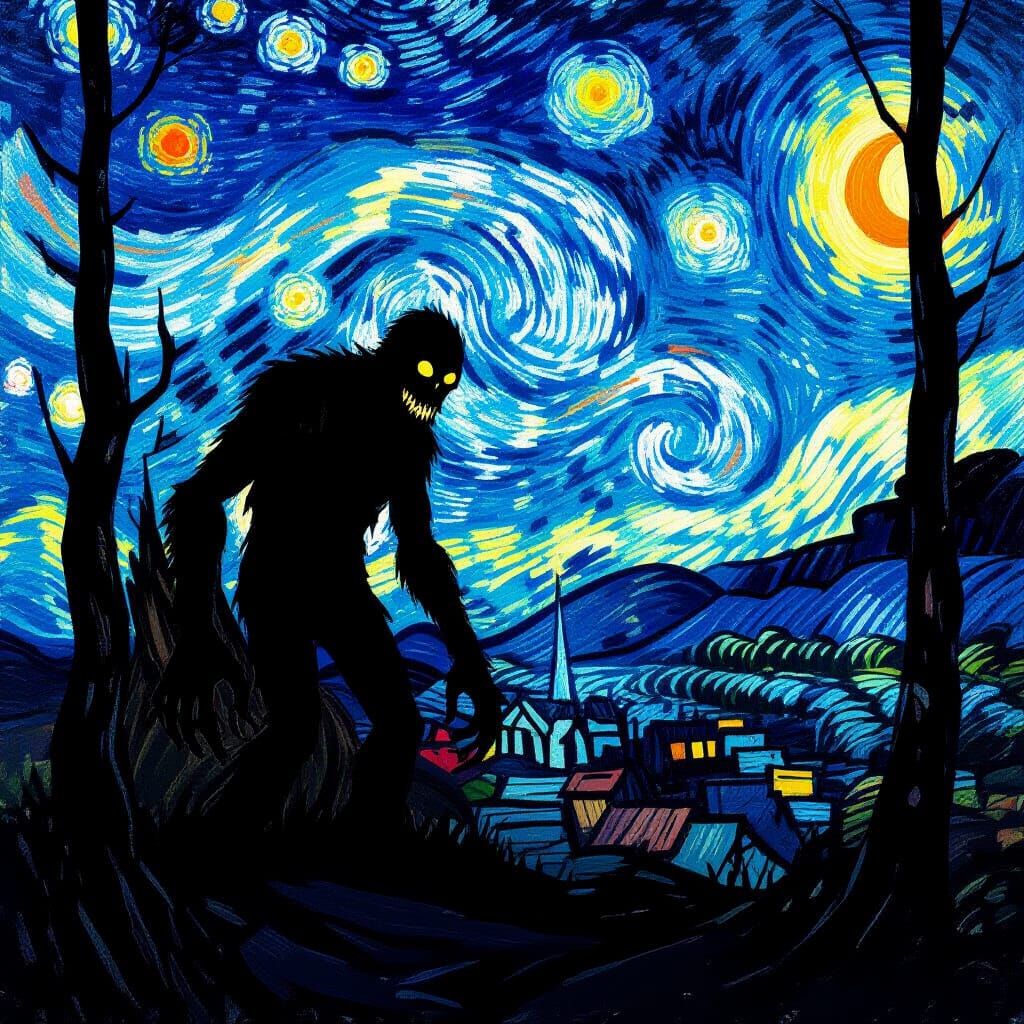 Monster Silhouette at Woods Edge in Pop Horror Style