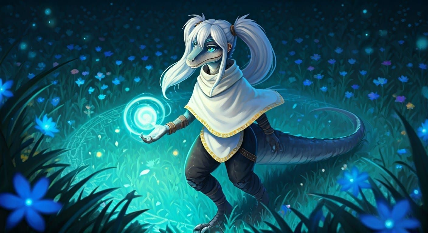 Anthropomorphic Velociraptor in Flowery Meadow as Anime Art