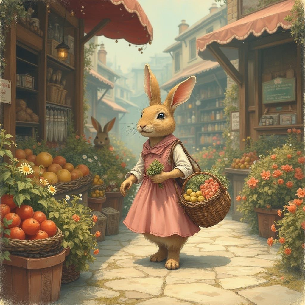 Rabbit Mother's Whimsical Market Journey in Storybook Style