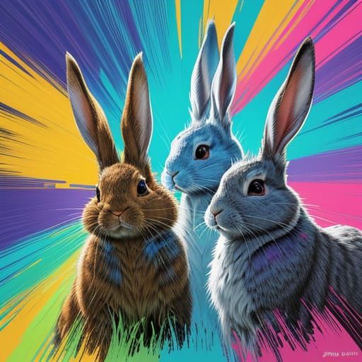 Detailed Rabbits in Vibrant Field - Splash Art Concept
