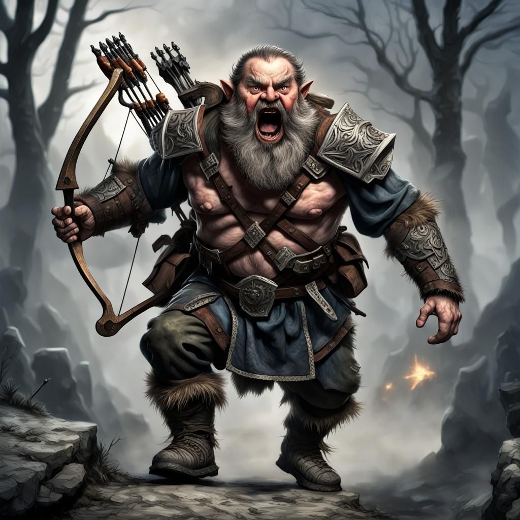 Fierce Dwarf Jumps with Crossbow: Dark Fantasy HDR
