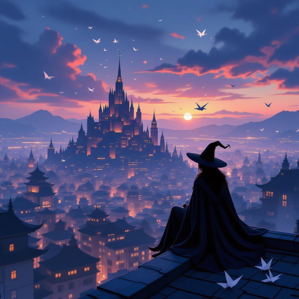 Witch on Rooftop Overlooking Paper Metropolis at Dusk
